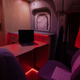 A photo of the red interior lights on the Winnebago electric RV.